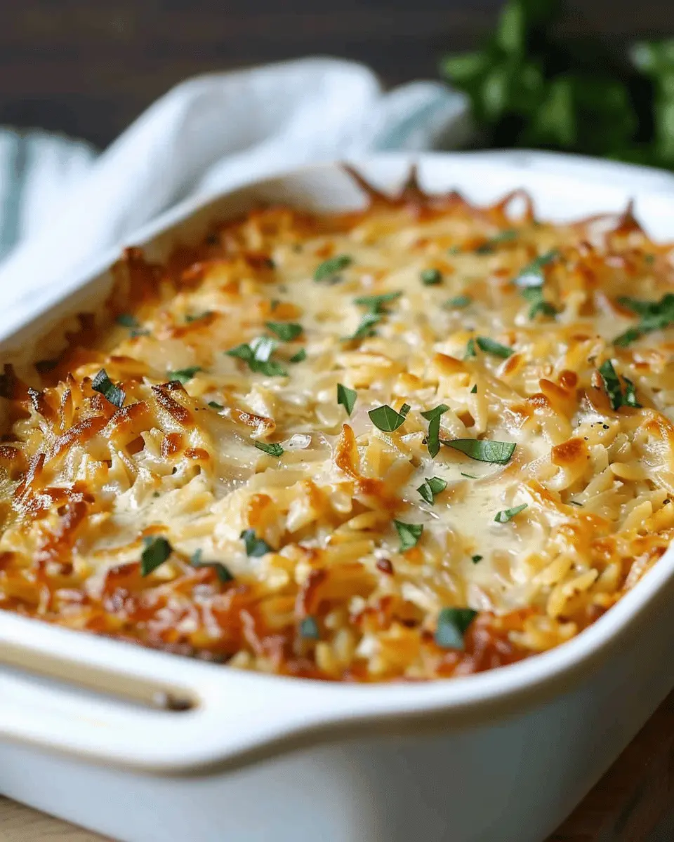 French Onion Orzo Bake with Turkey Bacon for Cozy Nights