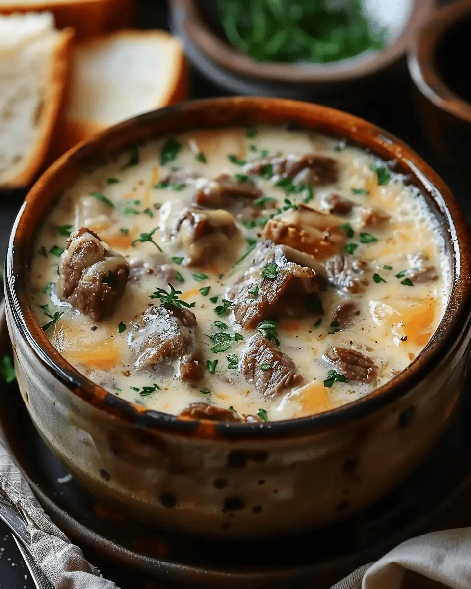 Hearty Creamy Philly Cheese Steak Soup with Turkey Bacon Delight