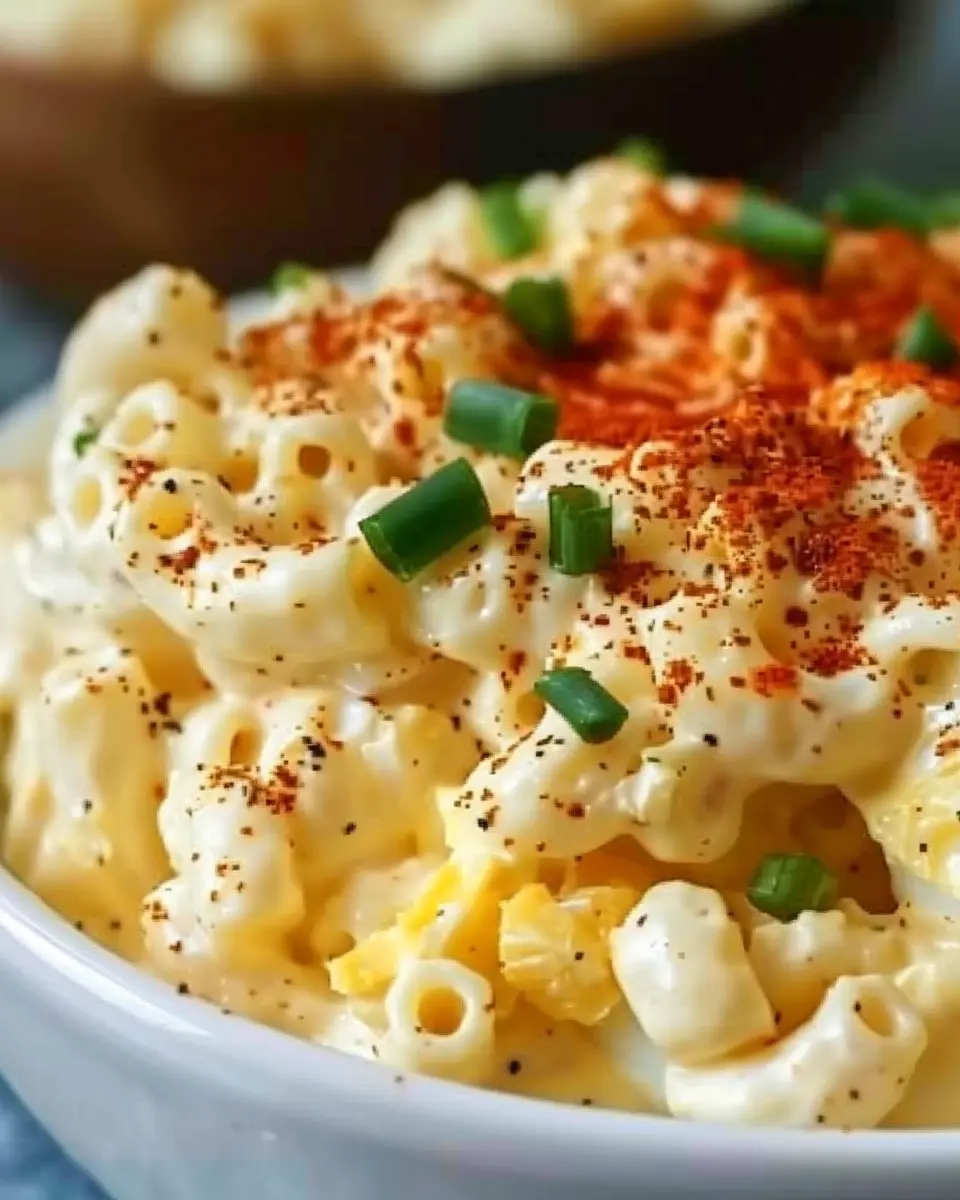 Deviled Egg Macaroni Salad with Turkey Bacon and Chicken Ham Delight