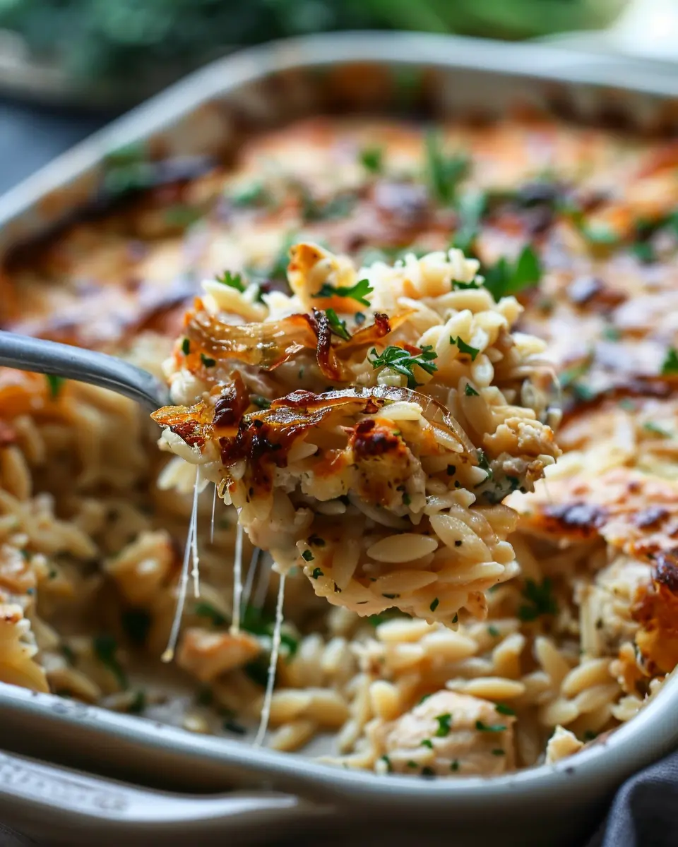 French Onion Chicken Orzo Casserole with Turkey Bacon Delight