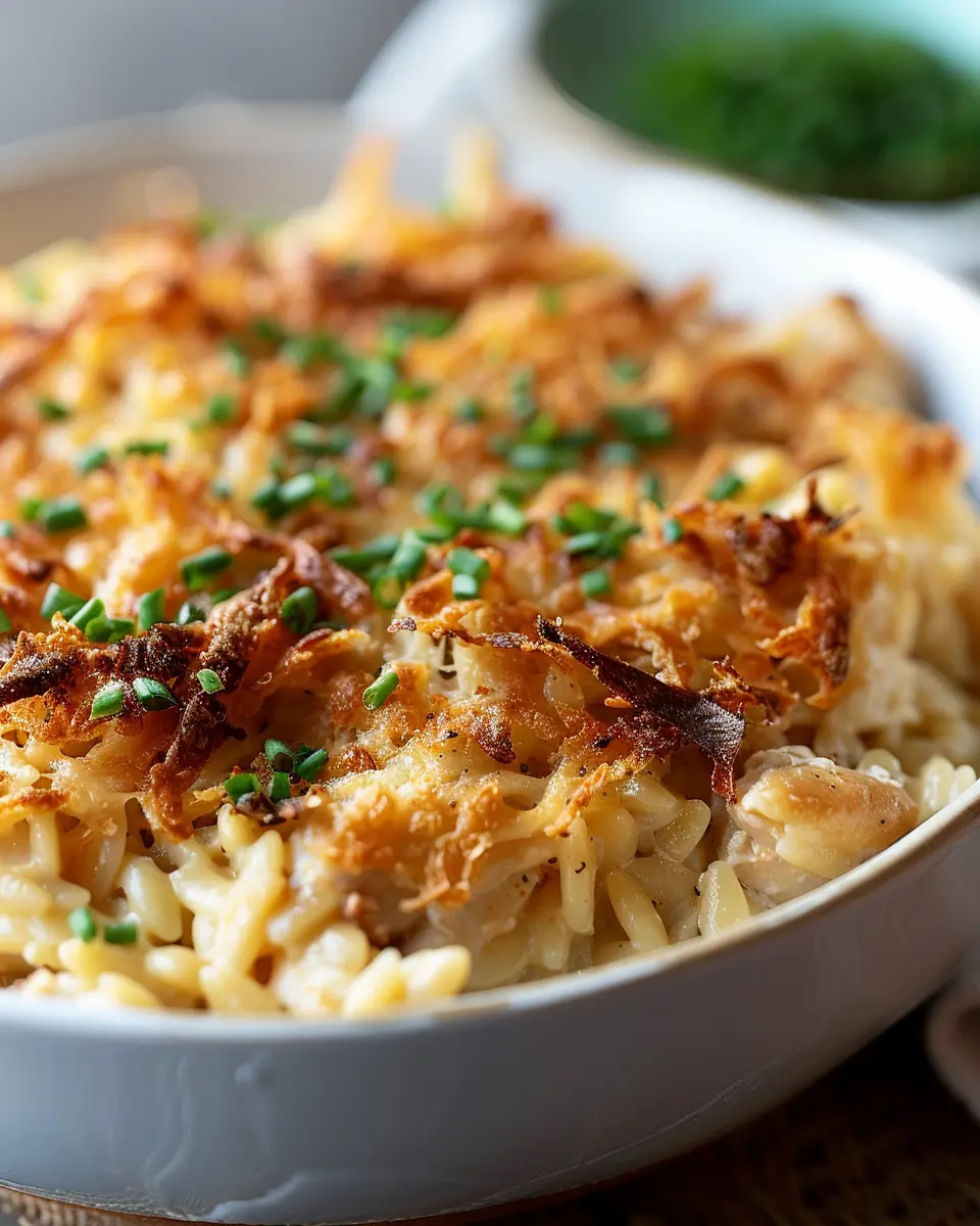 French Onion Chicken Orzo Casserole with Creamy Turkey Bacon Delight