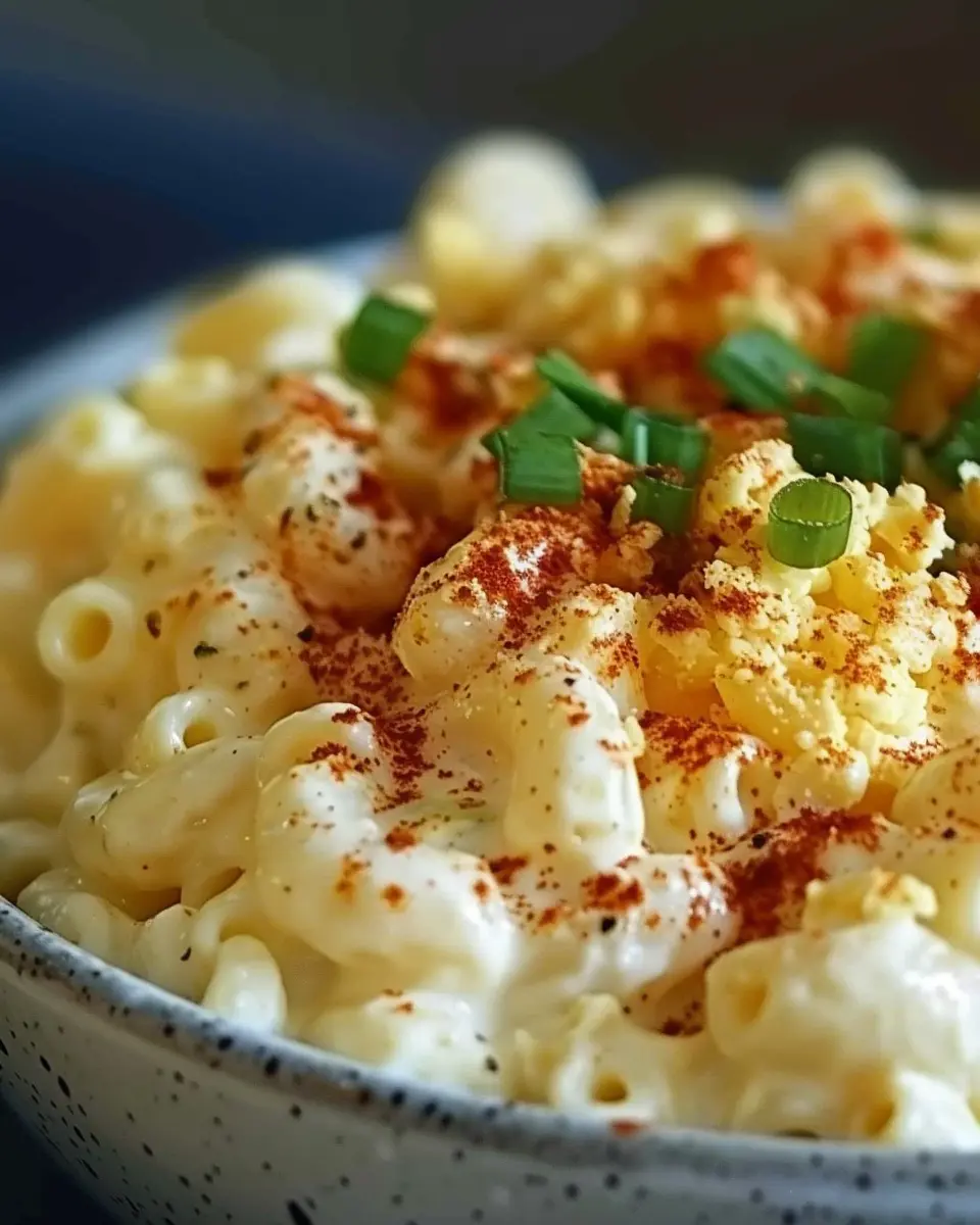 Deviled Egg Macaroni Salad with Turkey Bacon and Chicken Ham