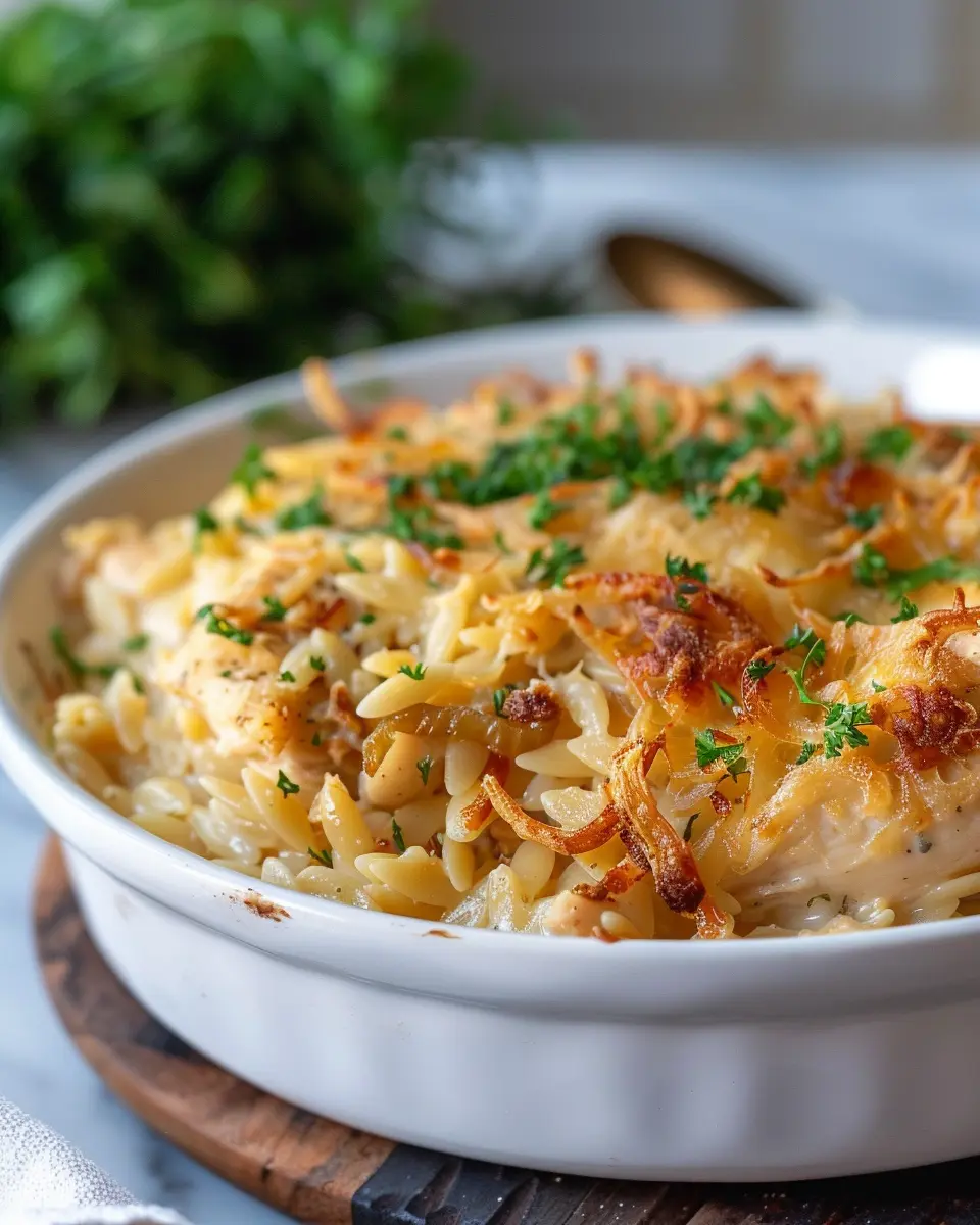 French Onion Chicken Orzo Casserole with Turkey Bacon Delight