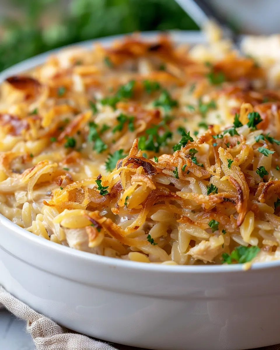 French Onion Chicken Orzo Casserole with Turkey Bacon Delight